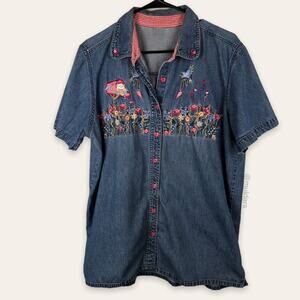 Vintage Grannycore Denim Chambray Embroidered Floral Button Up Shirt